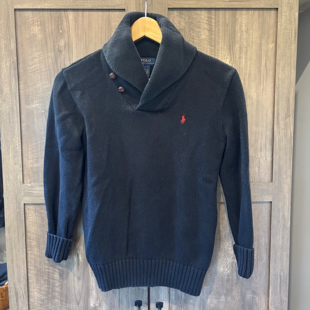 Polo Ralph Lauren Boys Navy Blue Shawl Collar Cotton Knit Sweater Size L 14-16